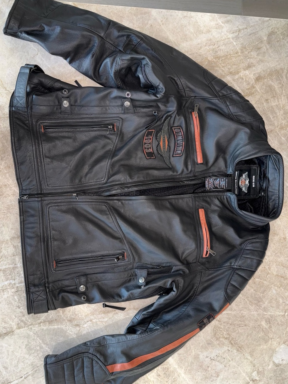 Harley-Davidson Black Leather Motorcycle Jacket with Orange Trim